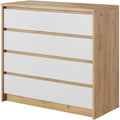 Eine Gestaltung in Weiss und Eichenbraun kennzeichnet das Sideboard