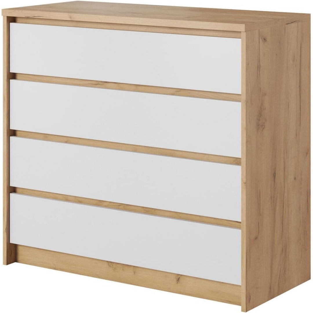 Eine Gestaltung in Weiss und Eichenbraun kennzeichnet das Sideboard
